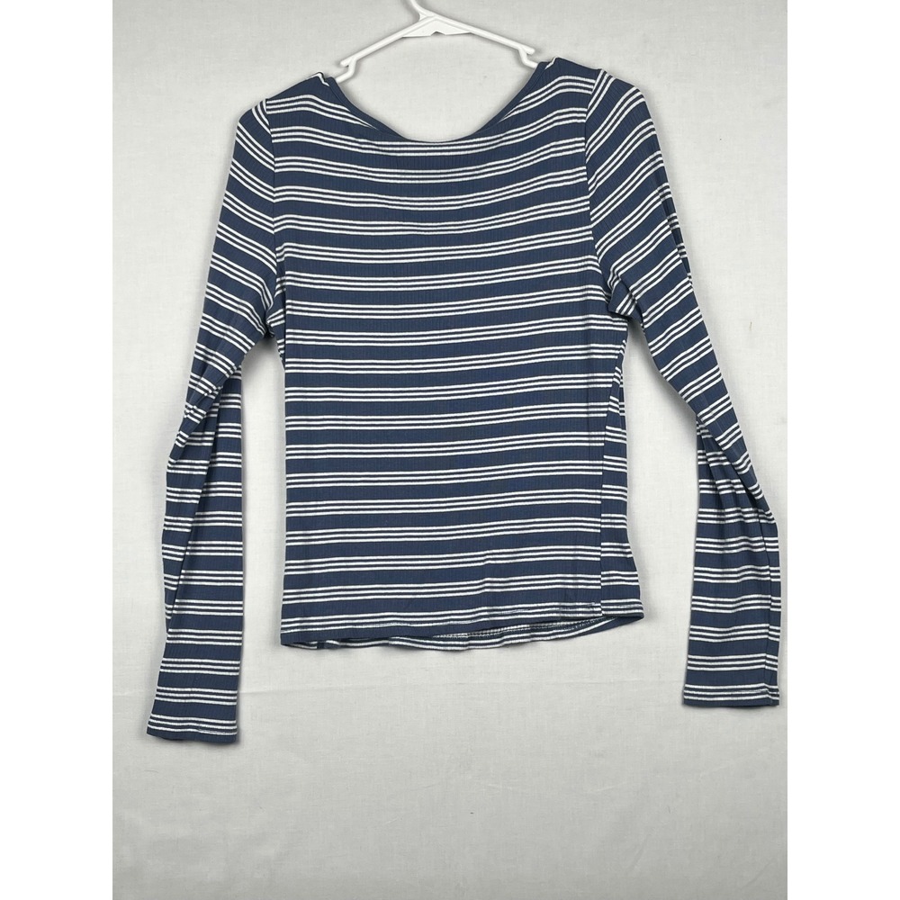 a.n.a A New Approach Henley Top Womens Large Blue White Striped Ribbed L - Picture 7 of 7